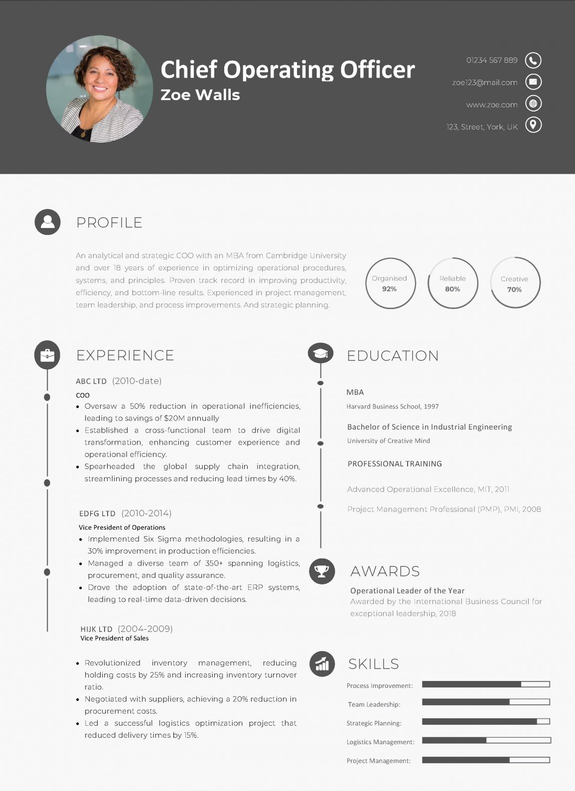 Chief Operating Officer (COO) CV Example Template